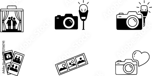 Photo booth icons set multiple style collection. Editable stroke
vector silhouette illustration isolated on white background 