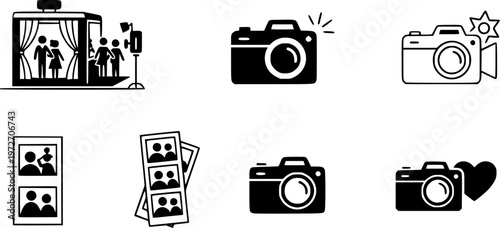 Photo booth icons set multiple style collection. Editable stroke
vector silhouette illustration isolated on white background 