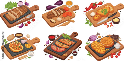 Grilled Meat and Gourmet Food Dishes Set Featuring Steak, Sausages, Bruschetta, Pizza, and Roasted Meals on Wooden Boards Vector Collection