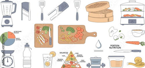 Healthy Cooking and Kitchen Tools Icons Set Featuring Blender, Steamer, Nutrition Chart, Cutting Board, Portion Control, and Meal Preparation Vector Collection