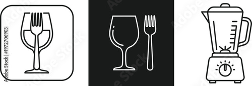 Kitchen appliance and dining icons vector set with blender and glass fork symbols, minimal line illustration isolated on white background