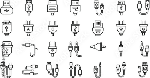 Computer cable and connector vector icons set with USB HDMI and ethernet ports isolated on white backgroundComputer cable and connector vector icons set with USB HDMI and ethernet ports isolated on wh