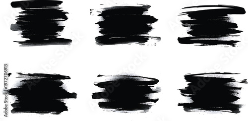 Six dark, smudged abstract shapes are arranged in a two-by-three grid against a stark white background, conveying a sense of raw texture.