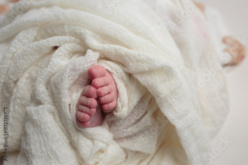 Newborn Baby's Feet Wrapped in a Soft White Blanket