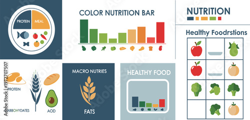 Nutrition Infographic Icons Set Featuring Healthy Food Portions, Macronutrients Chart, Protein Carbohydrates Fats Balance, and Diet Planning Flat Vector Illustration