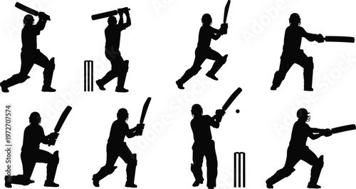 Cricket player silhouettes set, batsman batting poses collection, sports action vector illustration, athlete hitting ball, black white design, cricket game concept