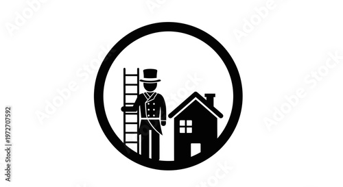 Black silhouette of a man with a house and ladder.