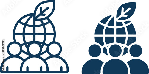 Set of eco community vector icons featuring global people silhouettes and planet earth with green leaves for environmental sustainability
