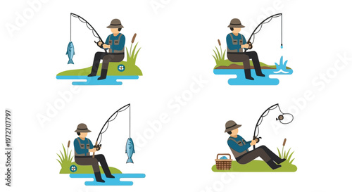 Illustration of people fishing from various docks and grassy banks