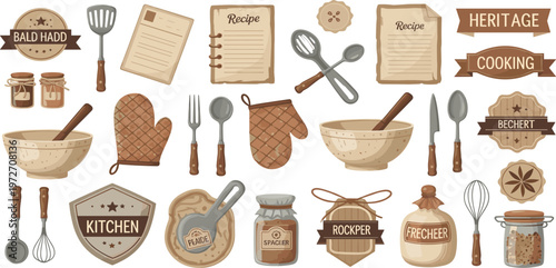 Vintage Cooking and Kitchen Elements Set Featuring Recipe Cards, Utensils, Baking Tools, Labels, and Rustic Culinary Icons Flat Vector Collection