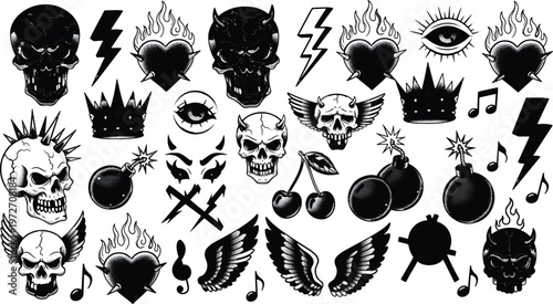 A collection of bold black graphic icons featuring skulls, hearts on fire, lightning bolts, crowns, and other edgy symbols.
