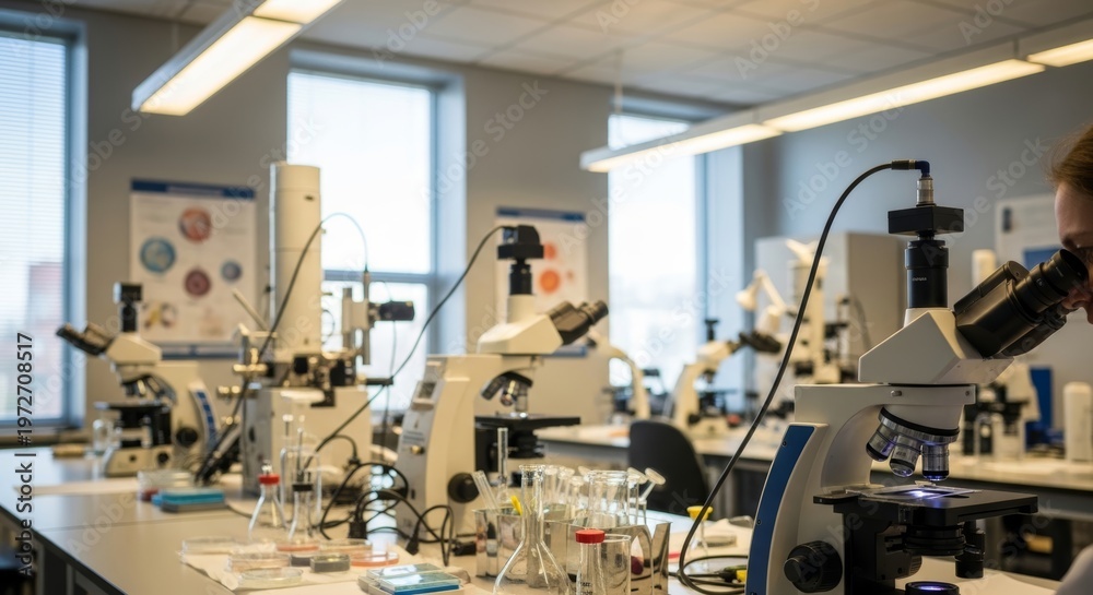 Obraz premium A brightly lit science laboratory equipped with numerous microscopes and scientific equipment for advanced research and development