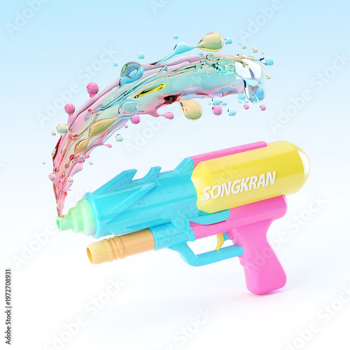 Vibrant Songkran water gun splashing colorful liquid in Thailand festival