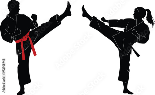 martial arts karate silhouettes, male female fighters kicking, red belt training, combat sport practice, taekwondo action, self defense, black vector illustration