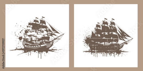 Brown silhouette of two old sailing ships with paint splashes on white