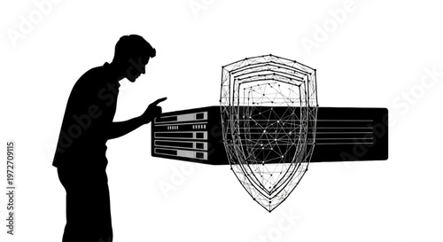 Digital security expert analyzing server infrastructure with a robust data protection shield and vigilant monitoring concept