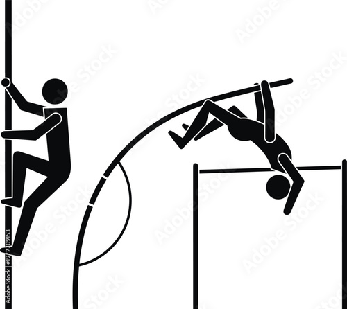 pole vault athlete, climbing sport icon, gymnastics silhouette, track and field activity, fitness training, athletic performance, sports competition, vector illustration