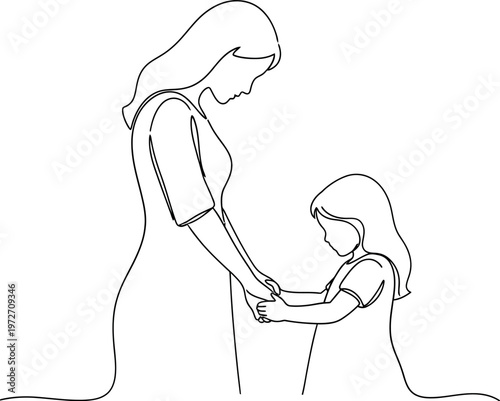 A beautiful continuous line art drawing of a mother and her child holding hands, symbolizing love, care, and an unbreakable bond between family members.