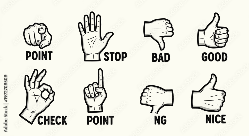 Fototapeta premium A collection of illustrated hand gestures representing various common signals and actions on a neutral background.