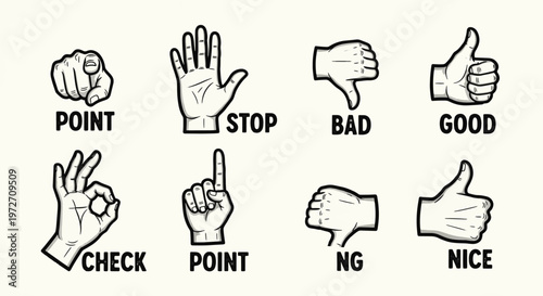 A collection of illustrated hand gestures representing various common signals and actions on a neutral background.