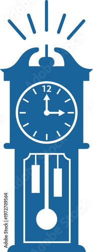 Classic pendulum grandfather clock with illuminated sunburst rays on top Vector