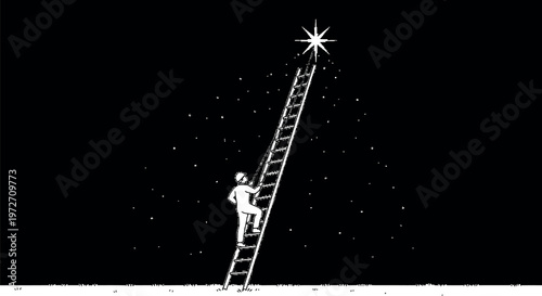 A determined figure scales a tall ladder towards a brilliant star in the dark night sky, symbolizing the journey of ambition, reaching goals, and achieving personal success.