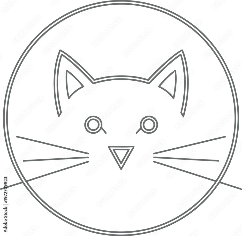 Fototapeta premium Simple black line art illustration of a cute cat face peeking out from a circular frame, perfect for pet-related designs and minimalist animal logos.