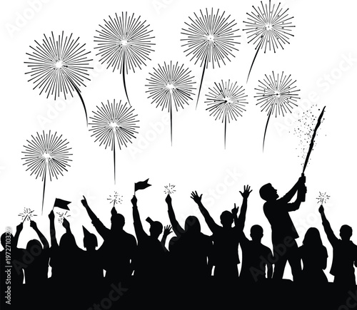 Celebratory crowd releasing dandelion seeds into the air on a joyous occasion Vector