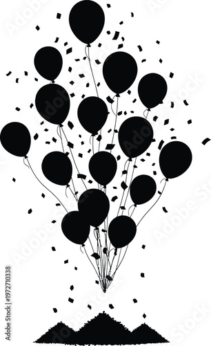 A cluster of black balloons floating upwards from a small mound of soil Vector