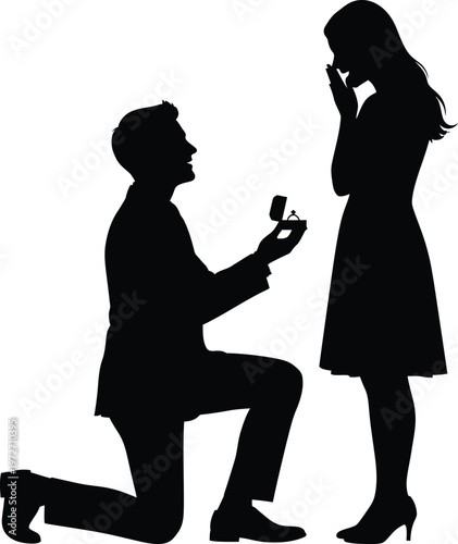 A man proposing marriage with a ring in front of a standing woman. Vector
