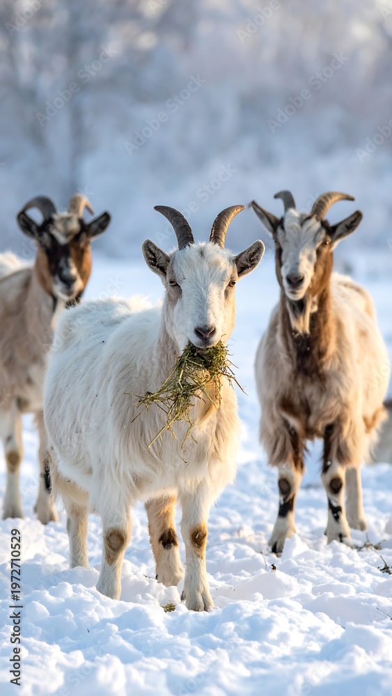 Obraz premium Three goats stand in snowy terrain, one nibbling foliage. They gaze forward with curious expressions, amidst a blurred winter landscape