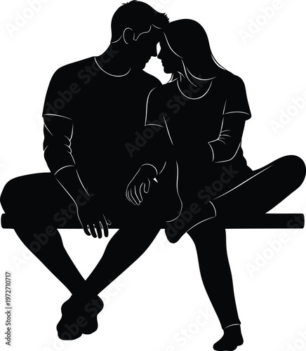 Intimate moment of a couple sharing an affectionate embrace while sitting on a bench Vector