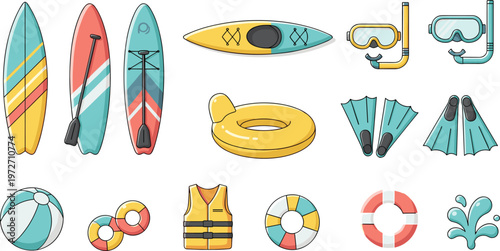 Set of Beach and Water Sport Gear Including Surfboards, Snorkeling Equipment, Swim Fins, Life Vest, and Inflatable Floats