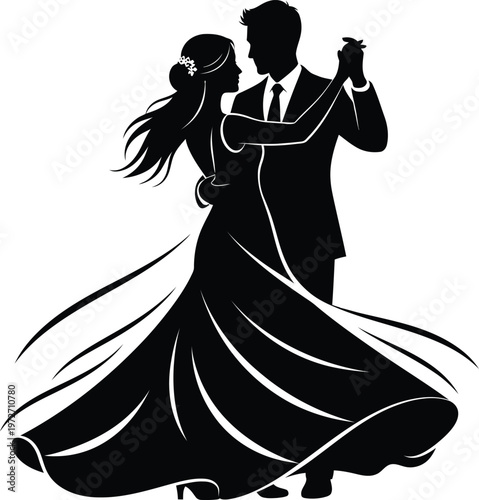 Elegant couple dancing in formal attire with flowing dress and suit Vector