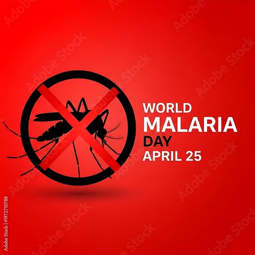 World malaria day red poster with mosquito and prohibition sign