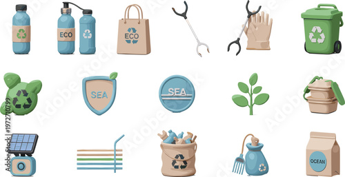 Set of Eco Friendly and Recycling Icons Including Reusable Bottles, Bags, Waste Bins, Plants, and Sustainable Lifestyle Elements