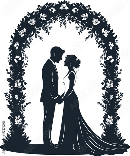 Couple standing under a floral archway in a wedding silhouette Vector