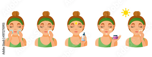 Set of illustrations showing facial cleaning, toning, serum and moisturizing process