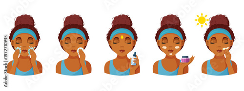 Skincare routine steps infographic with cute female character with dark skin
