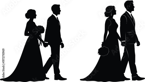 Two Couples Walking Away in Wedding Attire Silhouettes Vector