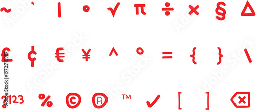 Set of red hand drawn mathematical symbols and punctuation marks on a plain white background
