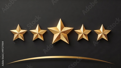 featuring a five-star rating design on a dark gray background. The layout is symmetrical, with five gold stars arranged in a horizontal line. The central star is slightly larger than the others, empha