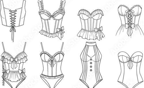 Vector Collection of Feminine Corset and Bodysuit Fashion Sketches Featuring Ruffle Trims Lace Up Details Bows and Elegant Floral Accents