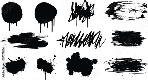 Collection of Black Ink Splatters, Spray Paint Drips, and Grunge Brush Strokes