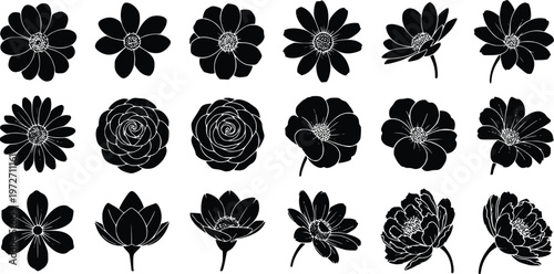 Set of Floral Silhouettes and Minimalist Flower Vector Icons