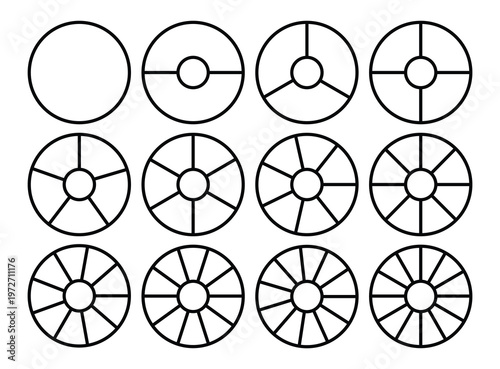Circle division 1, 2, 3, 4, 5, 6, 7, 8, 9, 10, 11, 12 equal parts blank. Circle divided diagrams, sections, segments. Circle pie chart infographic wheel segment fraction. Info-graphic icons set vector