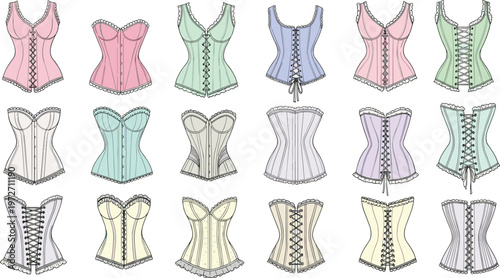 Vector Collection of Vintage Style Corset Sketches Featuring Lace Up Details Ruffled Edges and Various Pastel Colors Fashion Illustration Set