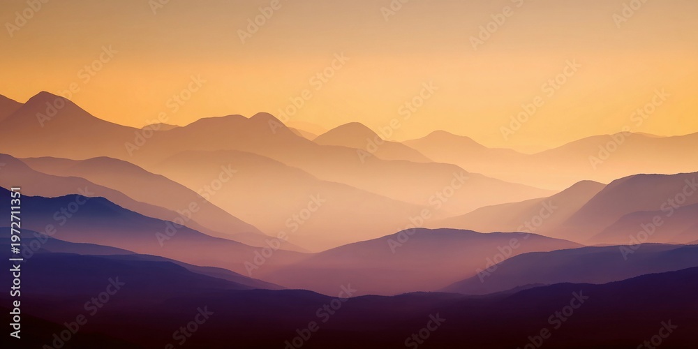 Obraz premium Mountain range at sunrise with soft light over the distant hills and valleys Generative AI