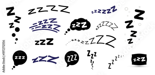 Set of lettering zzzz doodle style. Snore sleeping symbols. Comic text elements of dream, rest and nap. Sound snoring effects for cartoon design, modern trendy vector illustration collection.