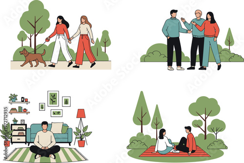 People lifestyle scenes collection, walking dog, friends talking, home relaxation and park picnic, flat vector illustration isolated on light background